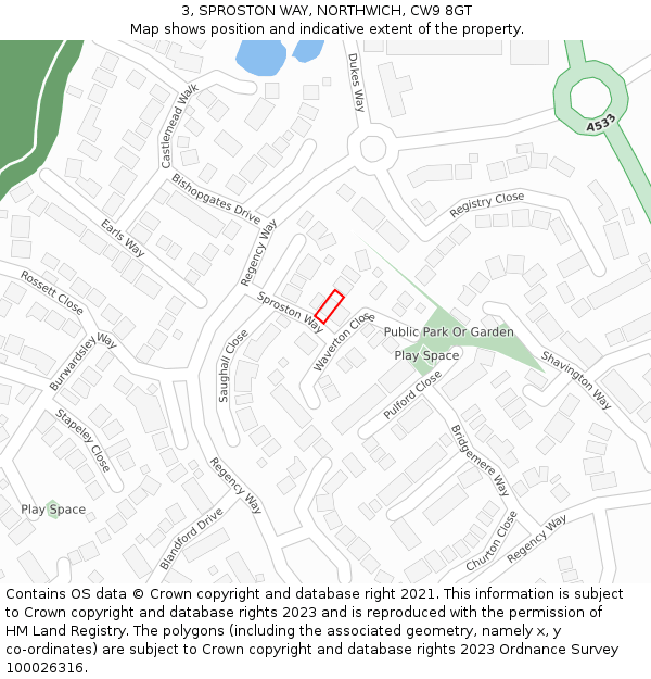 3, SPROSTON WAY, NORTHWICH, CW9 8GT: Location map and indicative extent of plot