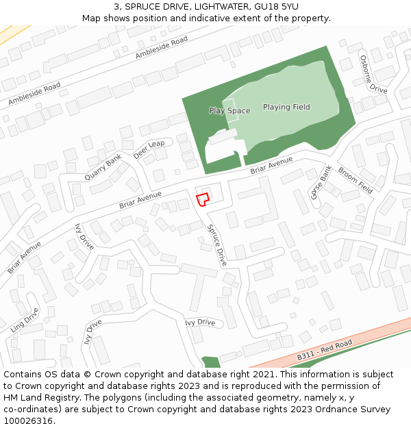 3, SPRUCE DRIVE, LIGHTWATER, GU18 5YU: Location map and indicative extent of plot