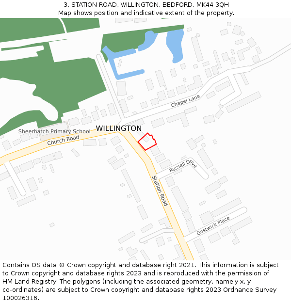 3, STATION ROAD, WILLINGTON, BEDFORD, MK44 3QH: Location map and indicative extent of plot