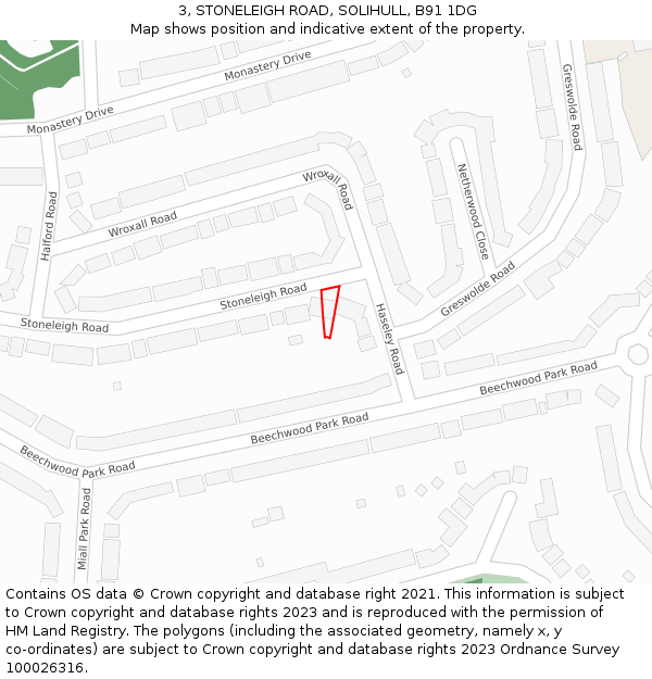 3, STONELEIGH ROAD, SOLIHULL, B91 1DG: Location map and indicative extent of plot