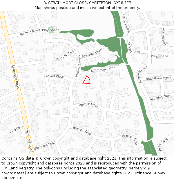 3, STRATHMORE CLOSE, CARTERTON, OX18 1FB: Location map and indicative extent of plot