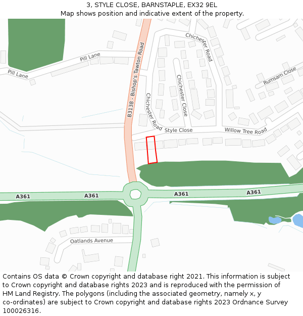3, STYLE CLOSE, BARNSTAPLE, EX32 9EL: Location map and indicative extent of plot