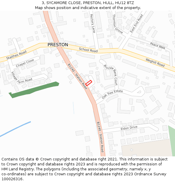 3, SYCAMORE CLOSE, PRESTON, HULL, HU12 8TZ: Location map and indicative extent of plot