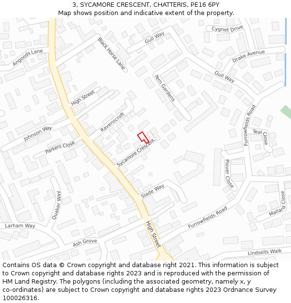 3, SYCAMORE CRESCENT, CHATTERIS, PE16 6PY: Location map and indicative extent of plot