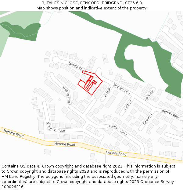 3, TALIESIN CLOSE, PENCOED, BRIDGEND, CF35 6JR: Location map and indicative extent of plot