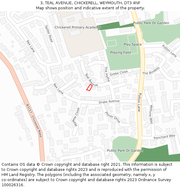 3, TEAL AVENUE, CHICKERELL, WEYMOUTH, DT3 4NF: Location map and indicative extent of plot