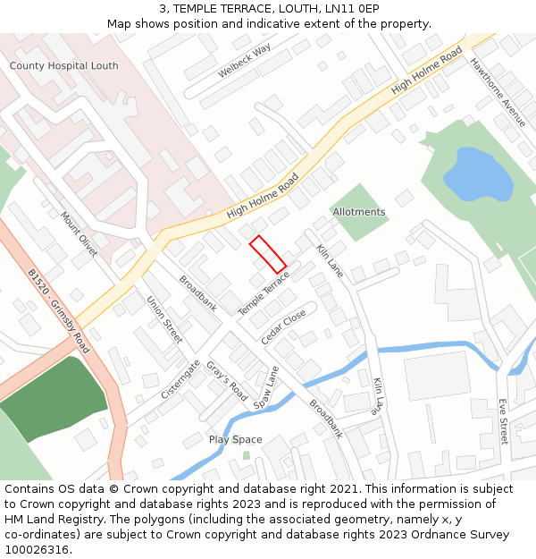 3, TEMPLE TERRACE, LOUTH, LN11 0EP: Location map and indicative extent of plot