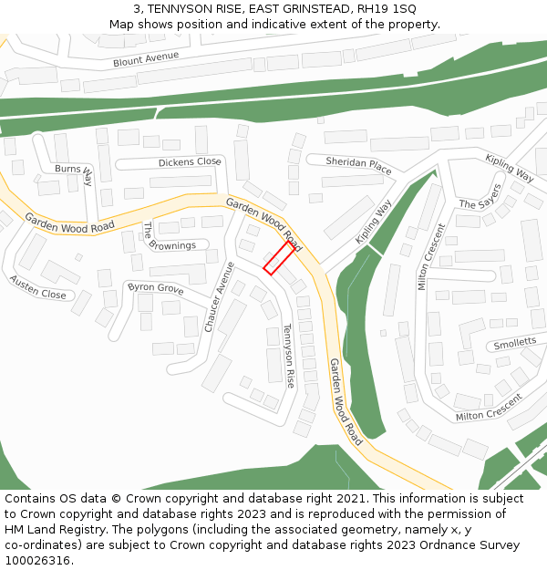 3, TENNYSON RISE, EAST GRINSTEAD, RH19 1SQ: Location map and indicative extent of plot