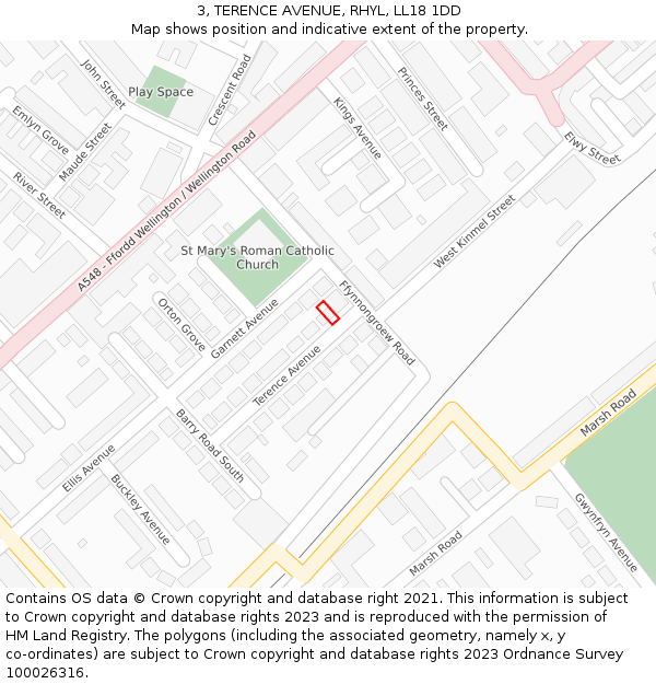 3, TERENCE AVENUE, RHYL, LL18 1DD: Location map and indicative extent of plot