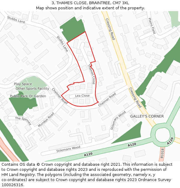 3, THAMES CLOSE, BRAINTREE, CM7 3XL: Location map and indicative extent of plot