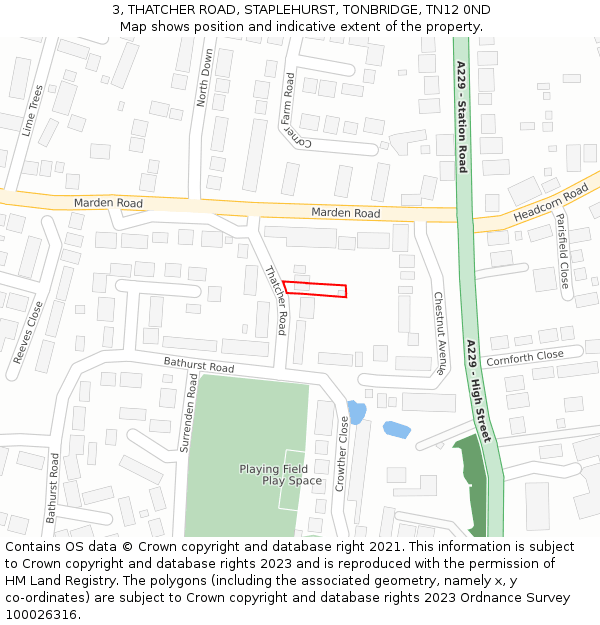 3, THATCHER ROAD, STAPLEHURST, TONBRIDGE, TN12 0ND: Location map and indicative extent of plot