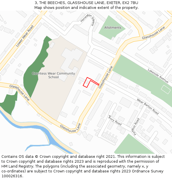 3, THE BEECHES, GLASSHOUSE LANE, EXETER, EX2 7BU: Location map and indicative extent of plot