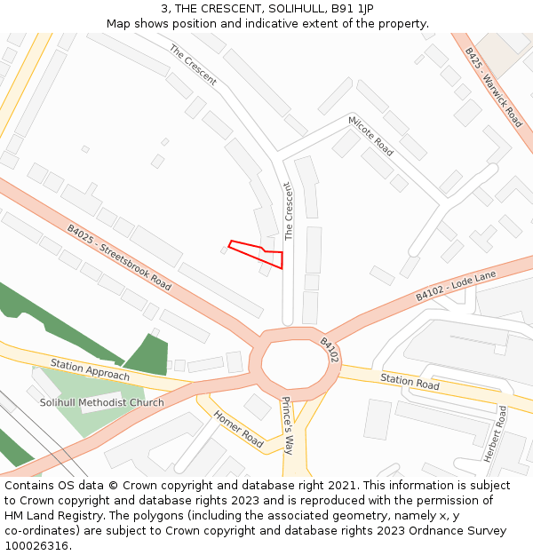 3, THE CRESCENT, SOLIHULL, B91 1JP: Location map and indicative extent of plot