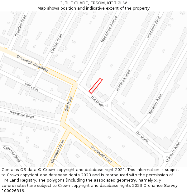 3, THE GLADE, EPSOM, KT17 2HW: Location map and indicative extent of plot