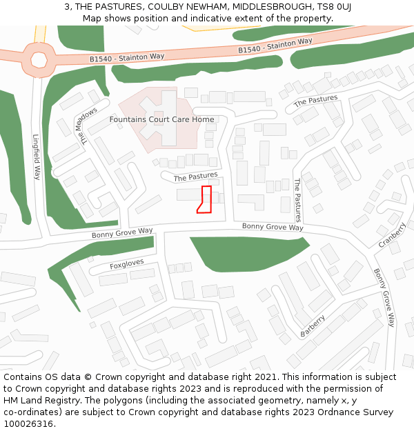 3, THE PASTURES, COULBY NEWHAM, MIDDLESBROUGH, TS8 0UJ: Location map and indicative extent of plot