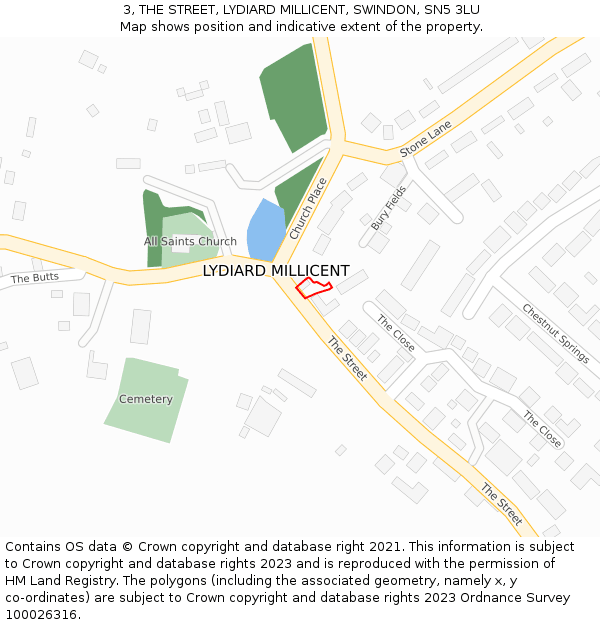 3, THE STREET, LYDIARD MILLICENT, SWINDON, SN5 3LU: Location map and indicative extent of plot