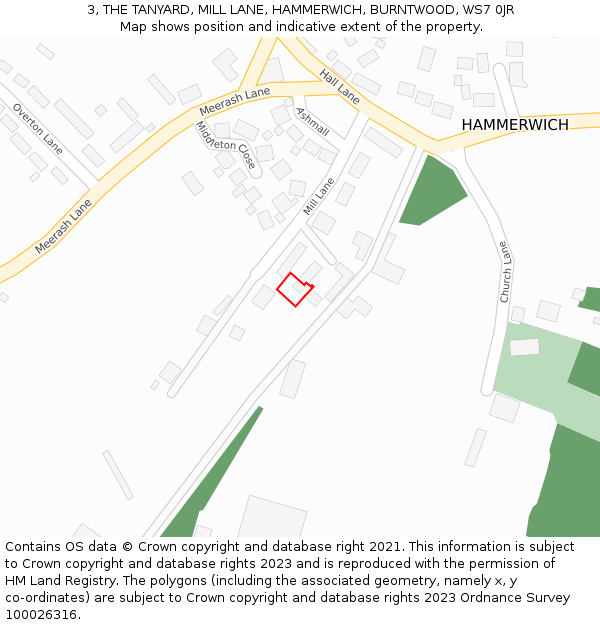 3, THE TANYARD, MILL LANE, HAMMERWICH, BURNTWOOD, WS7 0JR: Location map and indicative extent of plot