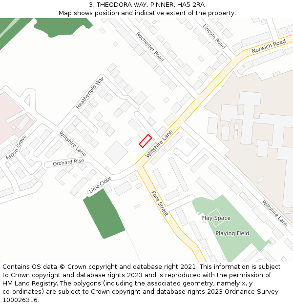 3, THEODORA WAY, PINNER, HA5 2RA: Location map and indicative extent of plot