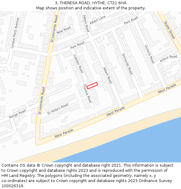 3, THERESA ROAD, HYTHE, CT21 6HA: Location map and indicative extent of plot