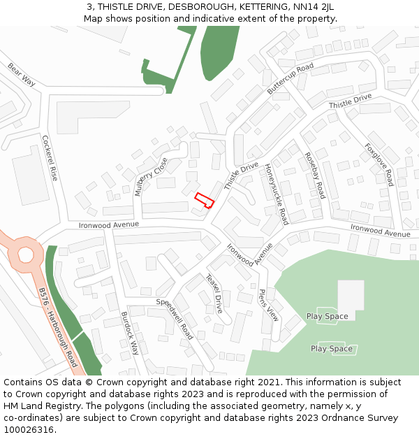 3, THISTLE DRIVE, DESBOROUGH, KETTERING, NN14 2JL: Location map and indicative extent of plot