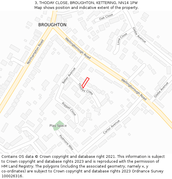 3, THODAY CLOSE, BROUGHTON, KETTERING, NN14 1PW: Location map and indicative extent of plot