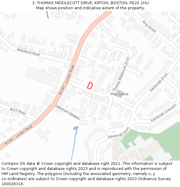 3, THOMAS MIDDLECOTT DRIVE, KIRTON, BOSTON, PE20 1HU: Location map and indicative extent of plot