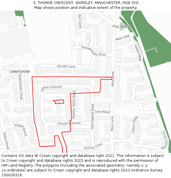 3, THORNE CRESCENT, WORSLEY, MANCHESTER, M28 3YG: Location map and indicative extent of plot