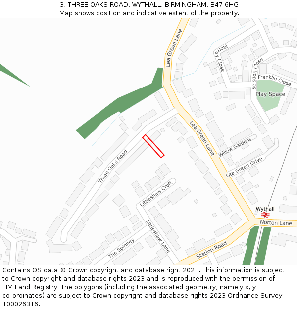 3, THREE OAKS ROAD, WYTHALL, BIRMINGHAM, B47 6HG: Location map and indicative extent of plot