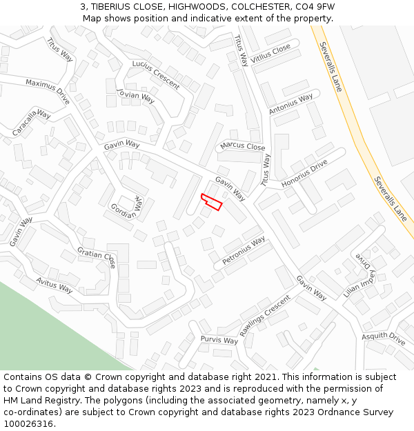 3, TIBERIUS CLOSE, HIGHWOODS, COLCHESTER, CO4 9FW: Location map and indicative extent of plot