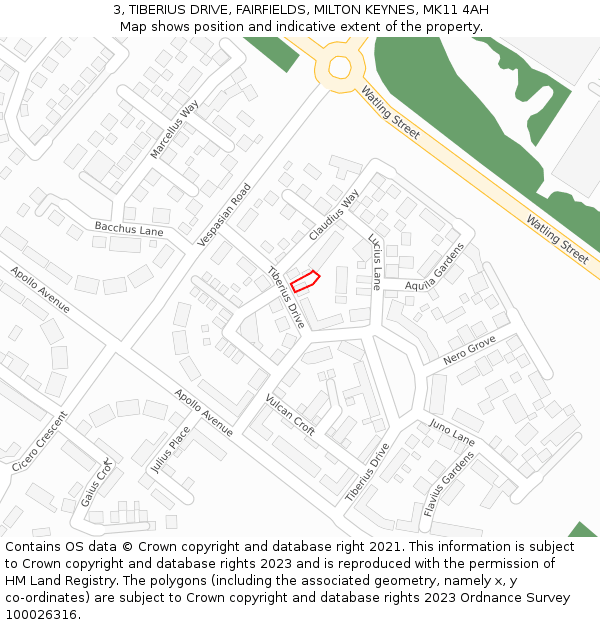 3, TIBERIUS DRIVE, FAIRFIELDS, MILTON KEYNES, MK11 4AH: Location map and indicative extent of plot