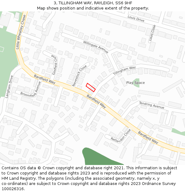 3, TILLINGHAM WAY, RAYLEIGH, SS6 9HF: Location map and indicative extent of plot