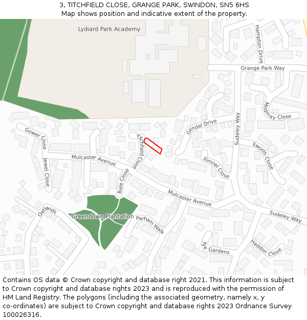 3, TITCHFIELD CLOSE, GRANGE PARK, SWINDON, SN5 6HS: Location map and indicative extent of plot