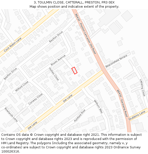 3, TOULMIN CLOSE, CATTERALL, PRESTON, PR3 0EX: Location map and indicative extent of plot