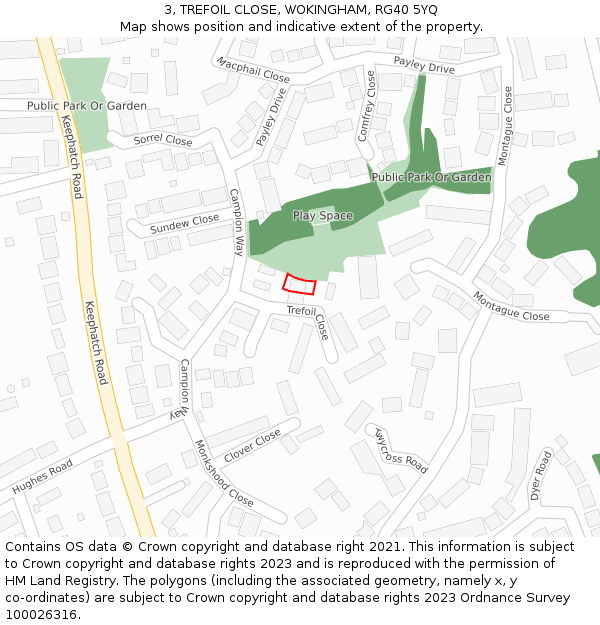 3, TREFOIL CLOSE, WOKINGHAM, RG40 5YQ: Location map and indicative extent of plot