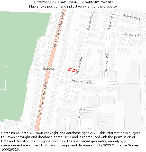 3, TREGORRICK ROAD, EXHALL, COVENTRY, CV7 9FF: Location map and indicative extent of plot