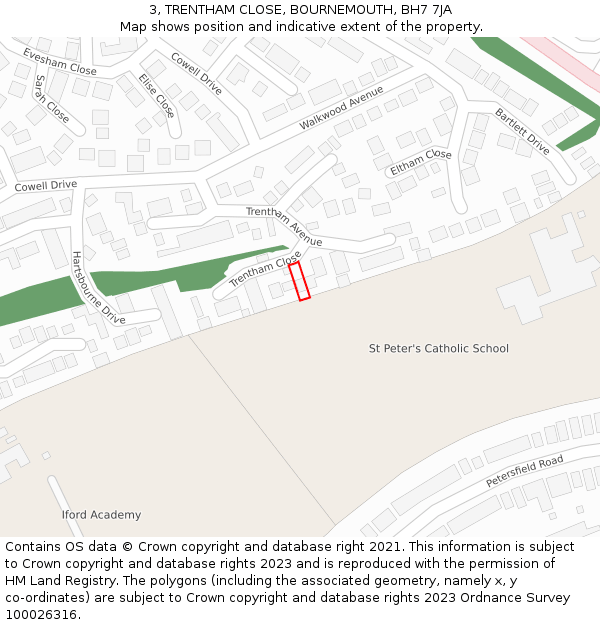 3, TRENTHAM CLOSE, BOURNEMOUTH, BH7 7JA: Location map and indicative extent of plot