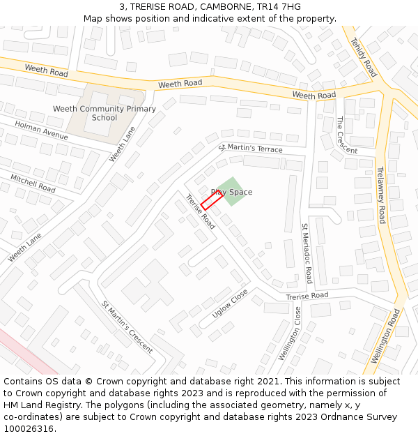 3, TRERISE ROAD, CAMBORNE, TR14 7HG: Location map and indicative extent of plot