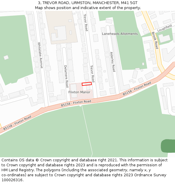 3, TREVOR ROAD, URMSTON, MANCHESTER, M41 5GT: Location map and indicative extent of plot