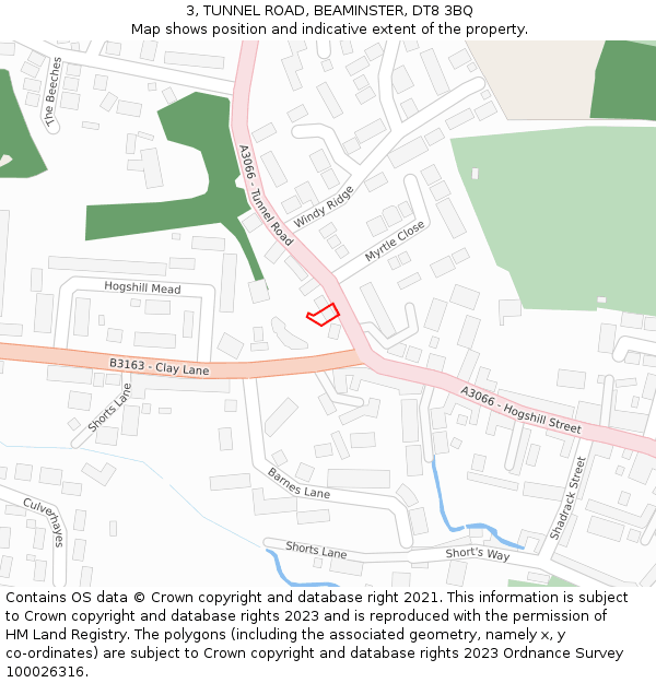 3, TUNNEL ROAD, BEAMINSTER, DT8 3BQ: Location map and indicative extent of plot