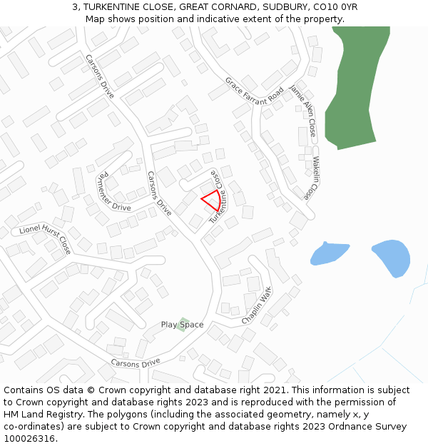 3, TURKENTINE CLOSE, GREAT CORNARD, SUDBURY, CO10 0YR: Location map and indicative extent of plot