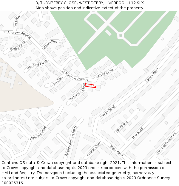 3, TURNBERRY CLOSE, WEST DERBY, LIVERPOOL, L12 9LX: Location map and indicative extent of plot