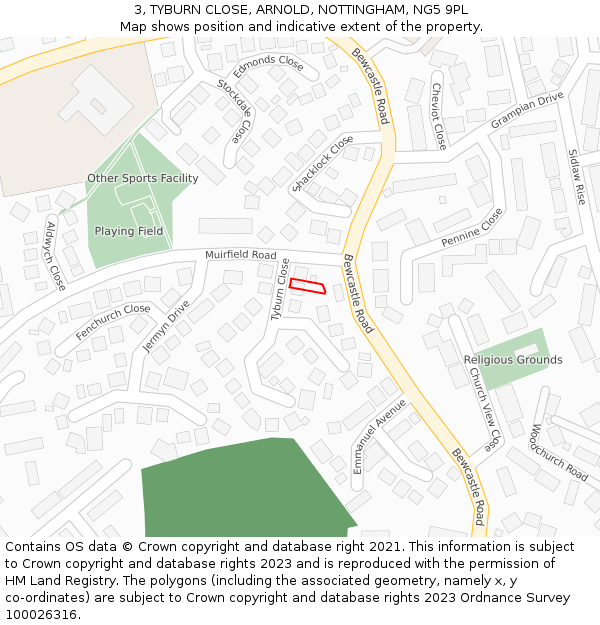 3, TYBURN CLOSE, ARNOLD, NOTTINGHAM, NG5 9PL: Location map and indicative extent of plot