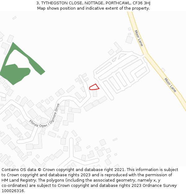 3, TYTHEGSTON CLOSE, NOTTAGE, PORTHCAWL, CF36 3HJ: Location map and indicative extent of plot