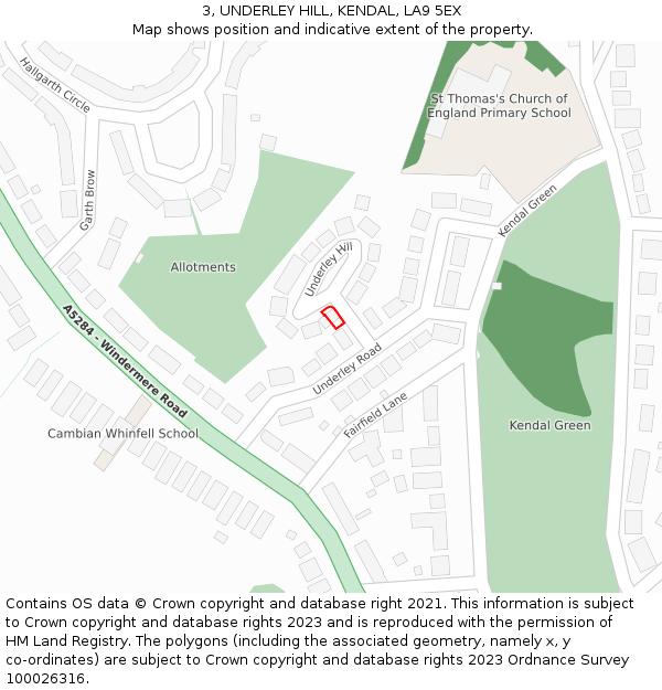 3, UNDERLEY HILL, KENDAL, LA9 5EX: Location map and indicative extent of plot