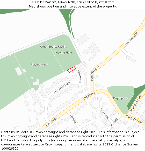 3, UNDERWOOD, HAWKINGE, FOLKESTONE, CT18 7NT: Location map and indicative extent of plot