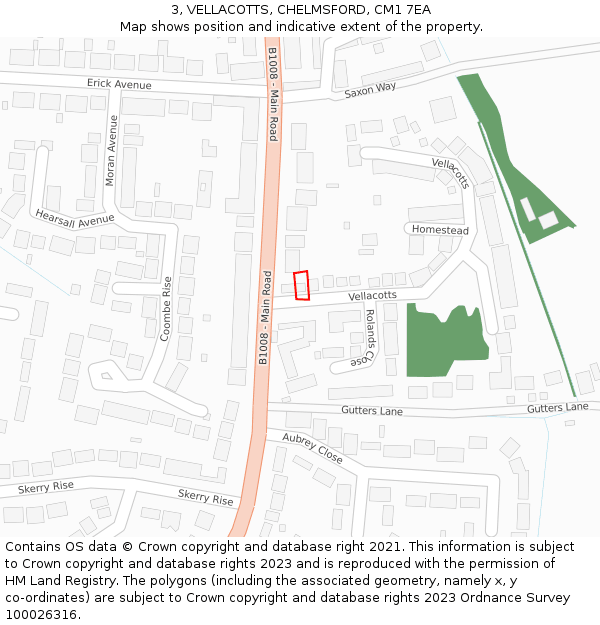 3, VELLACOTTS, CHELMSFORD, CM1 7EA: Location map and indicative extent of plot