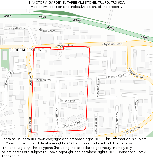 3, VICTORIA GARDENS, THREEMILESTONE, TRURO, TR3 6DA: Location map and indicative extent of plot