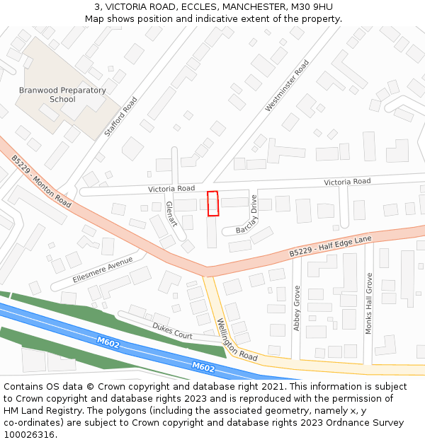 3, VICTORIA ROAD, ECCLES, MANCHESTER, M30 9HU: Location map and indicative extent of plot