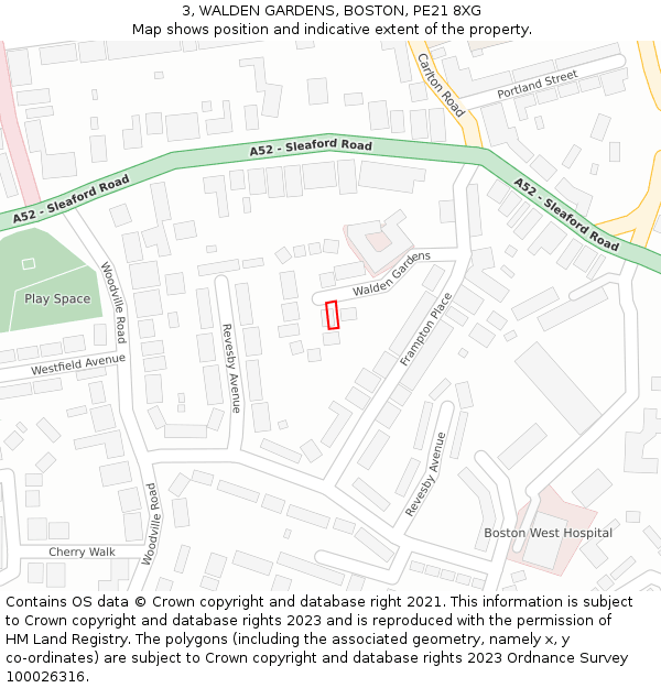 3, WALDEN GARDENS, BOSTON, PE21 8XG: Location map and indicative extent of plot