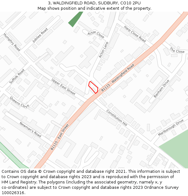 3, WALDINGFIELD ROAD, SUDBURY, CO10 2PU: Location map and indicative extent of plot